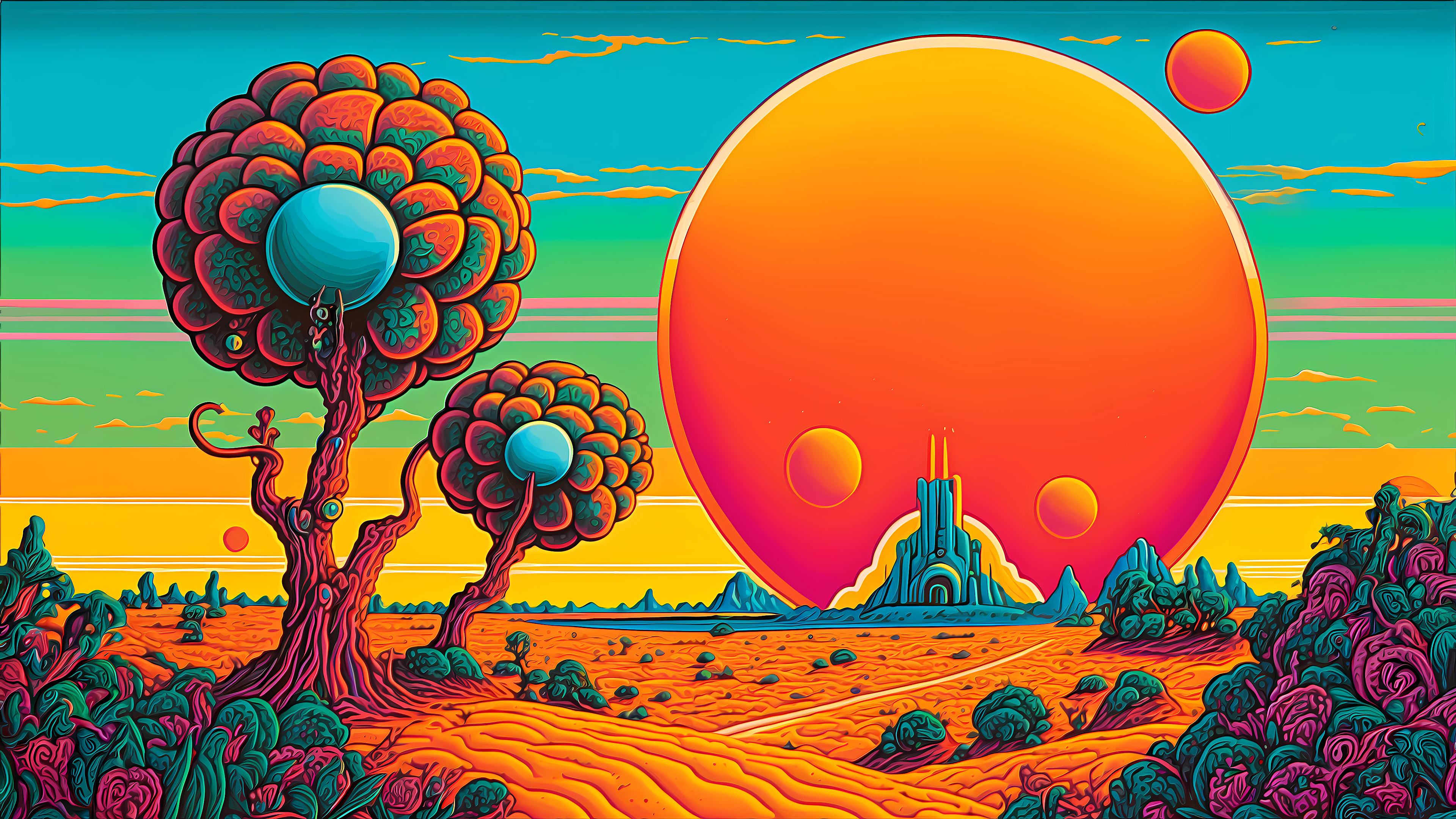 Surreal landscape featuring oversized planets, vibrant flora, and stylized trees under a multi-colored sky, in a scene reminiscent of retro sci-fi art.