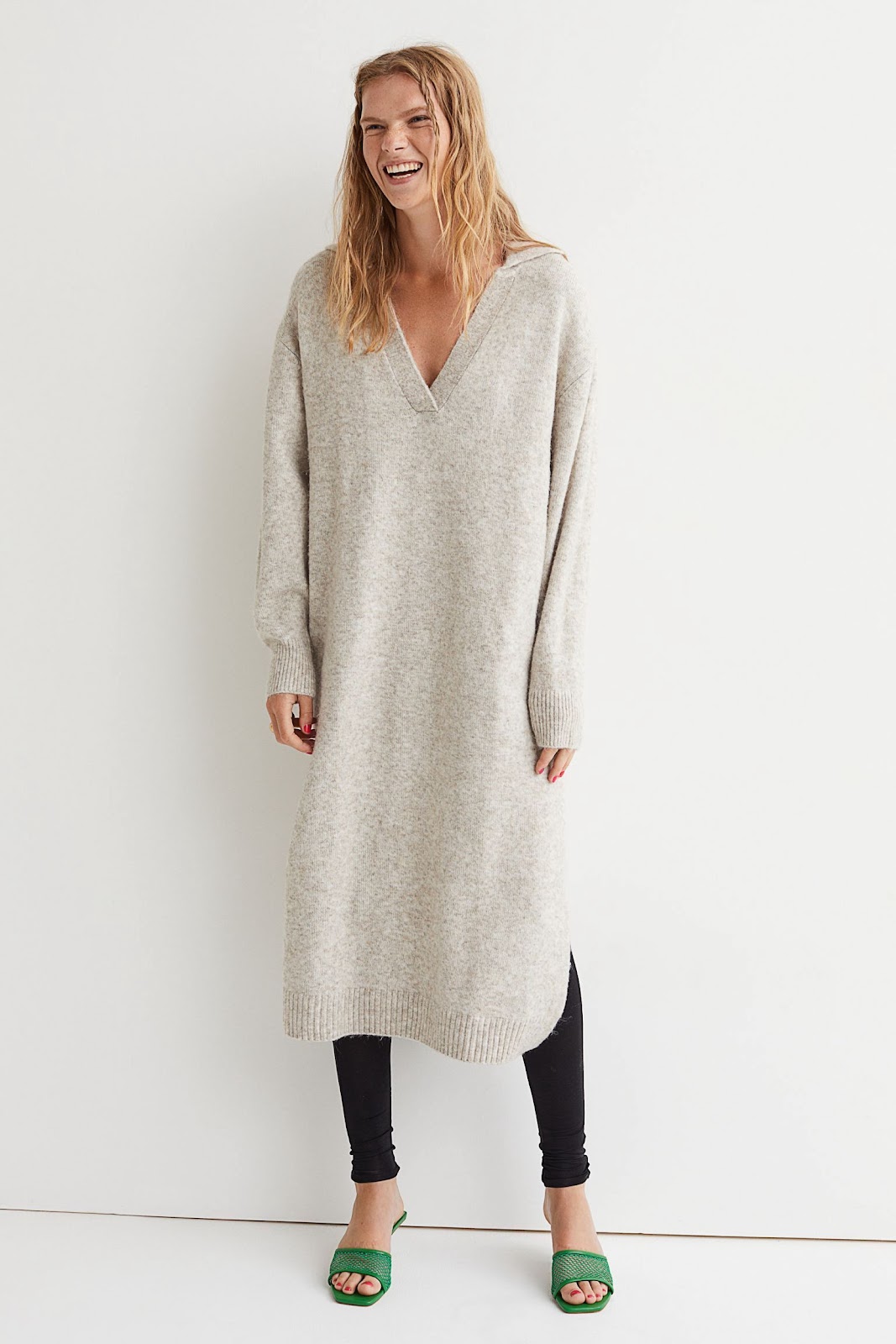 Last Minute Holiday Party Outfit Idea — Cozy Chic Minimalist Look With Long Beige Sweater Dress, Black Leggings and Green Mesh Mule Heels