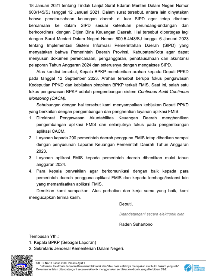Surat BPKP terkait Penghentian Layanan Aplikasi FMIS di Tahun 2024