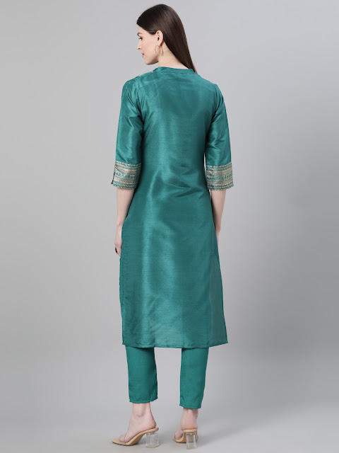Green Poly Silk Ethnic Motifs Print Straight Cut Kurti Pant Set