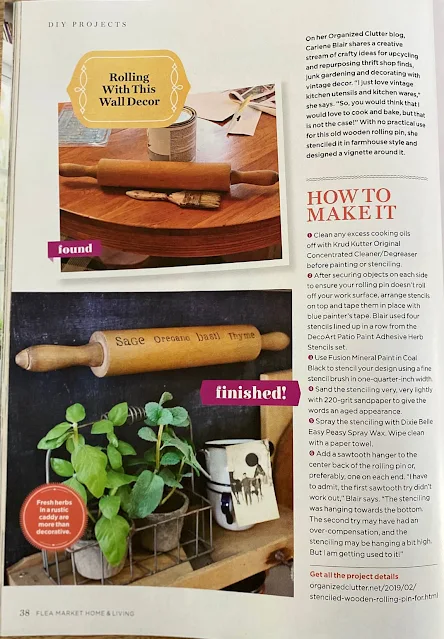 Photo of my rolling pin herb stencil project featured in Flea Market Home & Living Magazine.