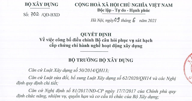 Bộ câu hỏi thi sát hạch chứng chỉ hành nghề xây dựng