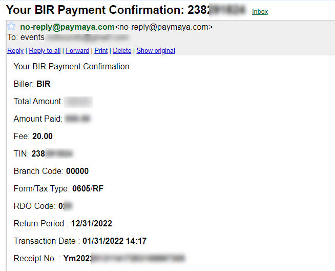 PayMaya BIR Payment Email Confirmation Notification