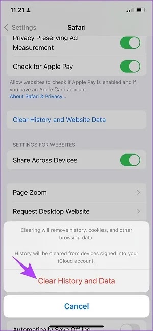 مسح بيانات وتاريخ Safari على iOS