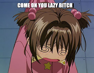 Downtrodden manga girl in pink and yellow with the caption Come On You Lazy Bitch