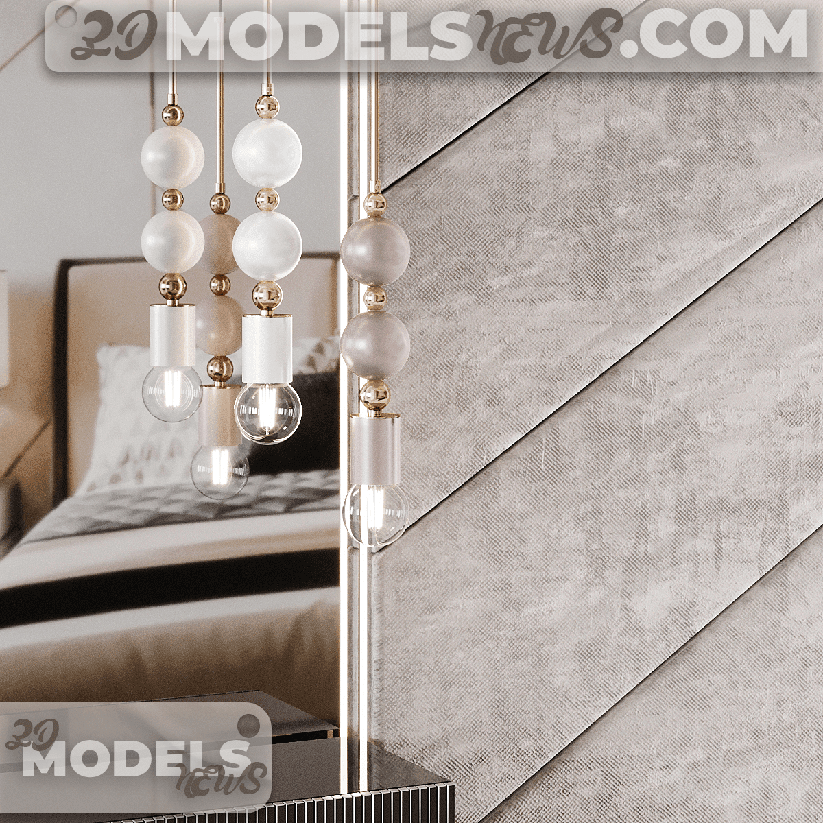 Decoration of a beige headboard model with side tables and light 4