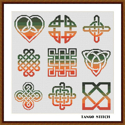 Orange green celtic cross stitch ornament sampler