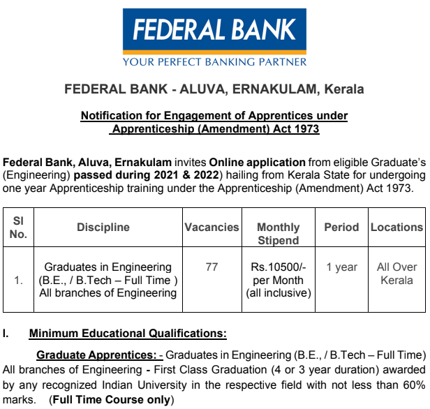 Federal Bank Recruitment 2023│77 Apprentices Vacancies.