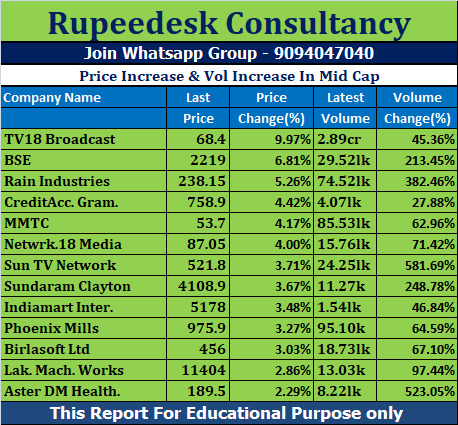 Price Increase & Vol Increase In Mid Cap