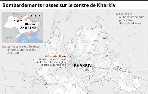 Localisation des principaux bombardements et explosions depuis le 24 février dans le centre de Kharkiv, deuxième plus grande ville d'Ukraine. - SIMON MALFATTO, SOPHIE RAMIS, KENAN AUGEARD