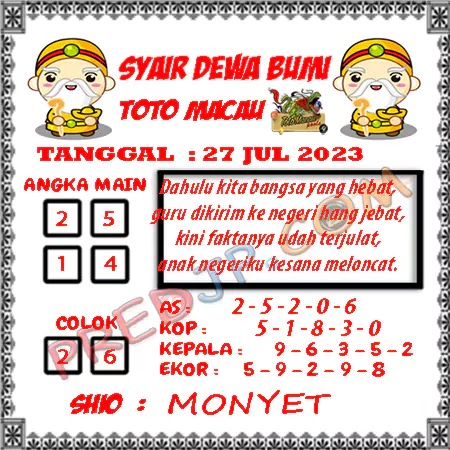 Prediksi Dewa Bumi Togel Macau Pools Kamis 27-07-2023