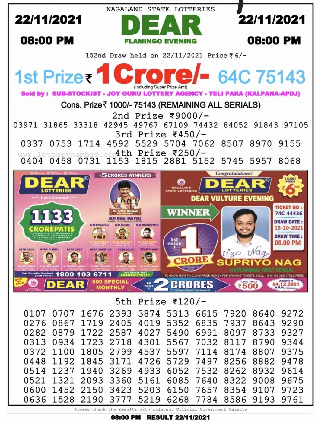 Lottery Sambad Result 22/11/2021 08:00 PM, Lottery Sambad Today,  Night Result, Nagaland State Lottery