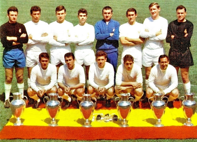 REAL MADRID C. F. Temporada 1965-66. Araquistain, Pachín, De Felipe, Sanchís, Miguel Muñoz (entrenador), Pirri, Zoco y Betancort. Serena, Amancio, Grosso, Velázquez y Gento. El Real Madrid "ye-yé" posando en el Bernabéu delante de las 6 Copas de Europa ganadas. REAL MADRID C. F. 2 FK PARTIZAN 1 Miércoles 11/05/1966, 19:30 horas. XI Copa de Europa, final. Bruselas, Bélgica, estadio Heysel: 46.745 espectadores. GOLES: 0-1: 55’, Vasovic. 1-1: 70’, Amancio. 2-1: 76’, Serena.