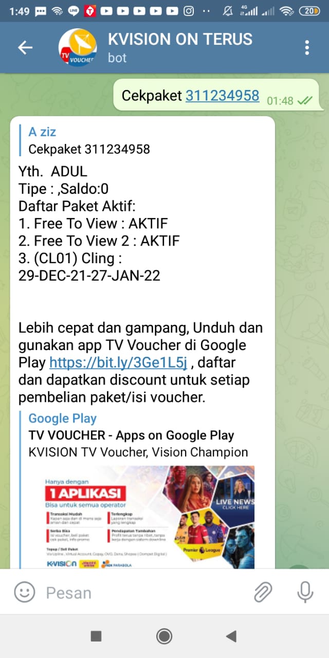 Cara Cek ID Pelanggan K-Vision Dengan BOT Telegram K-Vision Terbaru