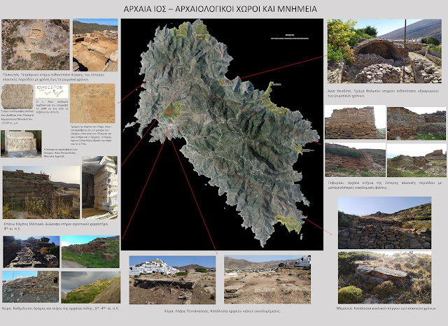 Χάρτης της Ίου με τους κηρυγμένους αρχαιολογικούς χώρους και τα μνημεία.