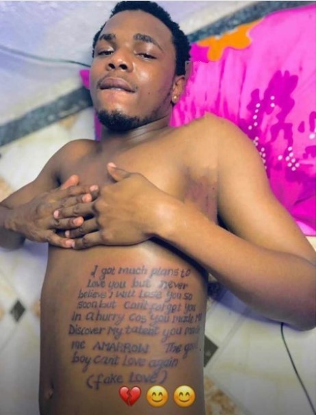 I got so much plans for you but never believe i will lose you soon- Heartbroken man tattoos lengthy post on his body after his girlfriend broke up with him