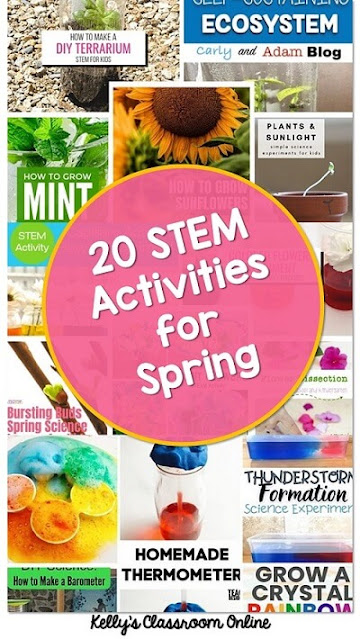 A collection of 20 spring themed STEM activities and science experiments. Themes include plants, flowers, life cycles, planting seeds, weather, and rainbows.