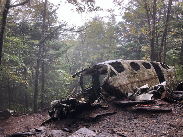 downed, rusted out small airplane in the woods