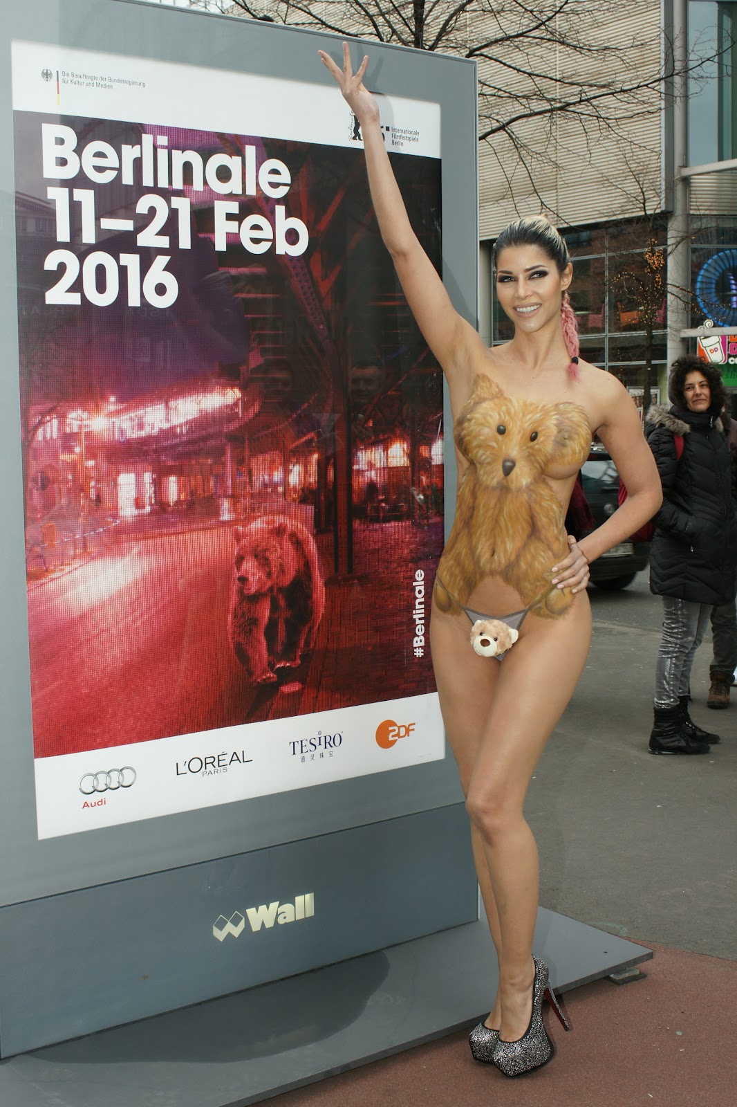 Micaela Schafer body paint in cuddly teddy bears for Berlinale 2016 in Berlin.
