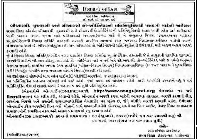 SSA Gujarat URC, BRC, CRC Recruitment 2022