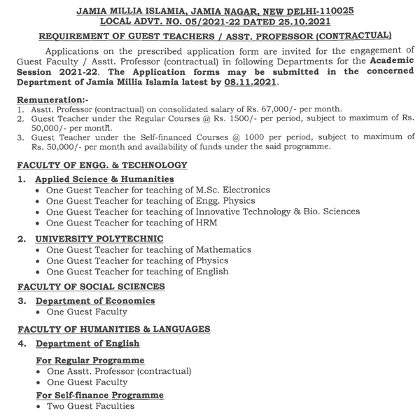 Jamia Millia Islamia Biosciences Faculty Jobs 2021 October