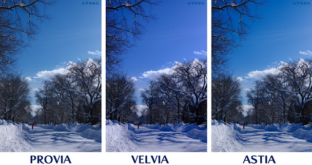 雪景色の写真に各種フィルムシミュレーション