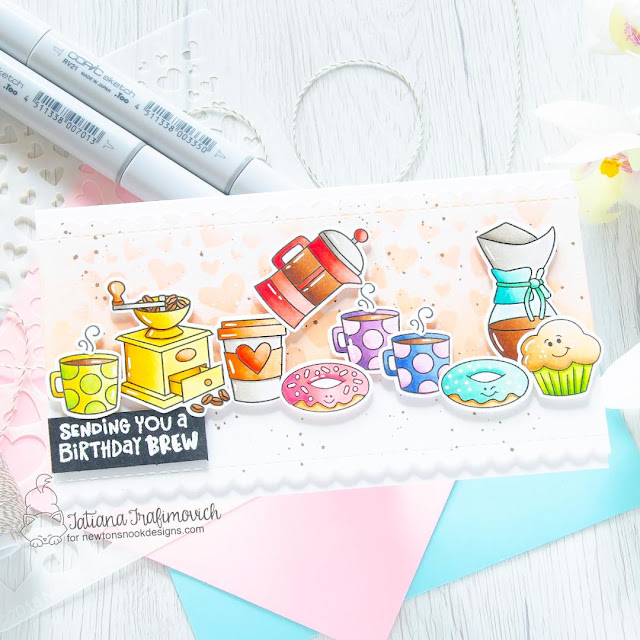 A Birthday Brew Card by Tatiana Trafimovich | Time for Coffee Stamp Set, Love Bites Stamp Set and Tumbling Hearts Stencil by Newton's Nook Designs #newtonsnook