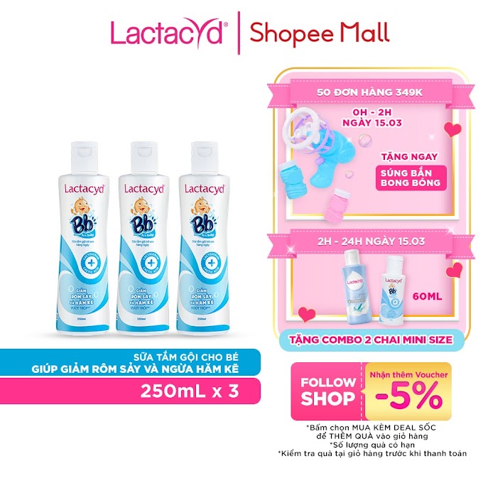 Mall Shop [ sanofi_consumer_healthcare ] Bộ 3 chai Sữa Tắm Gội Trẻ Em Lactacyd Bb Giảm Rôm Sảy & Hăm Kẽ 250ml/chai