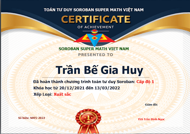 Chứng nhận soroban dành cho học sinh hoàn thành cấp độ 1