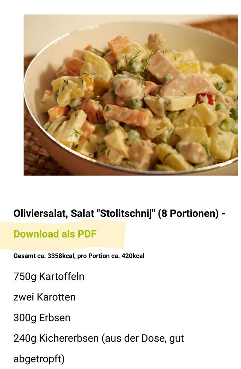 Screenshot des Blogbeitrags zum Oliviersalat von Montag. Man sieht das Foodfoto, den Rezepttitel darunter und die verlinkten Wörter "Download als PDF".