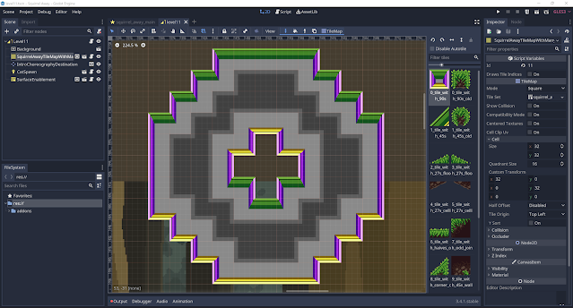 A screenshot of the Godot scene editor showing a tile-map that uses custom cell-neighbor binding logic to automatically calculate the correct internal subtiles.