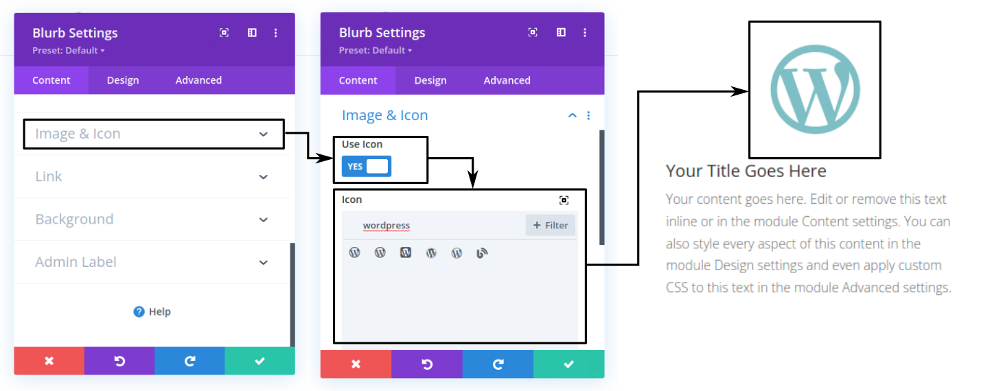 Jendela pengaturan modul Divi Builder, Blurb