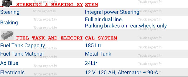 Ashok leyland Ecomet Star 1115HE- Cabin & Steering System   Ashok leyland Ecomet Star 1115 HE has an integral power steering, The Tiltable ecomet star day cabin gives a good comfort with the overall ground clearance of 260mm.Ashok leyland Ecomet Star 1115HE- Fuel Capacity & Electrical  The fuel tank capacity is 185Ltr for remaining all other wheel bases, Adblue Capacity is 24Ltr.   The Electrical system consists of a 12V,120AH, 90A- alternator.