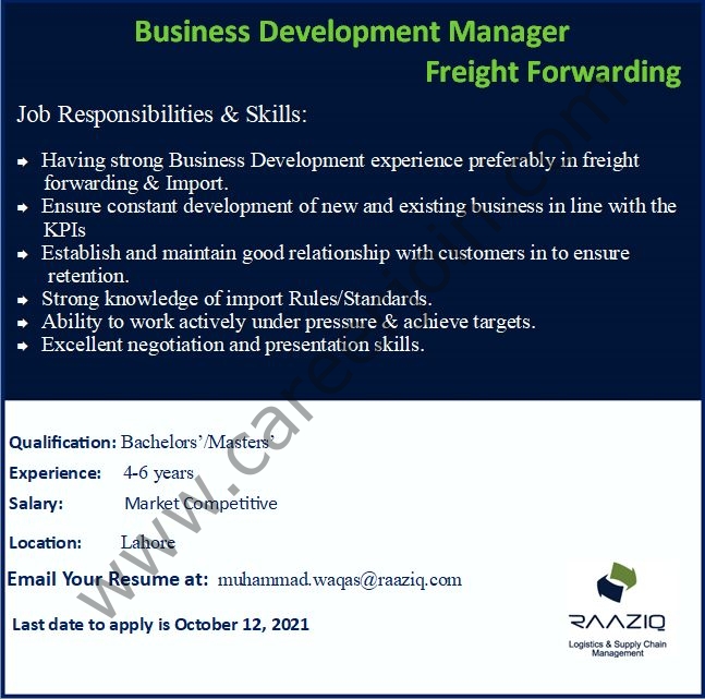 Raaziq International Pvt Ltd Jobs Business Development Manager Freight Forwarding