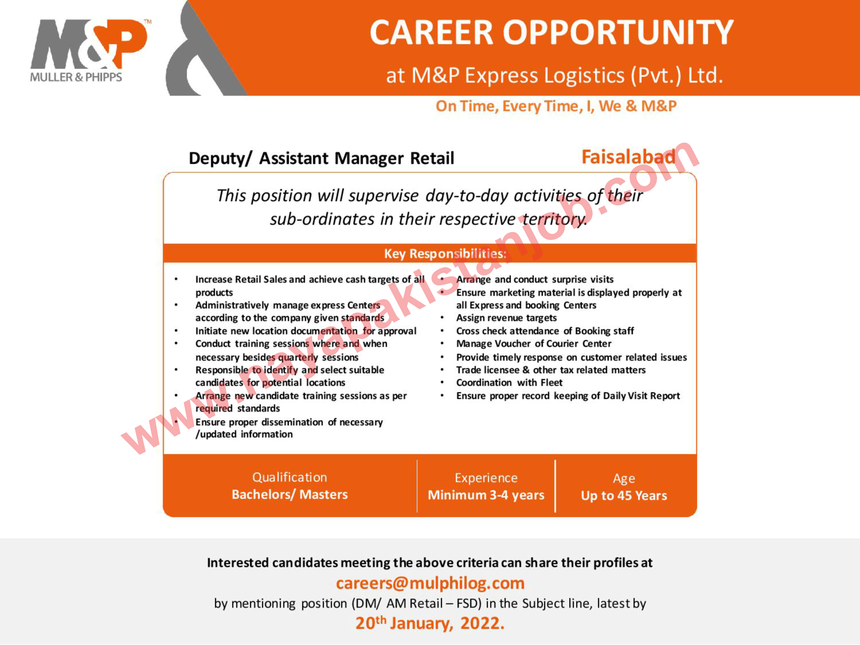 M & P Express Logistics Pvt Ltd Jobs Deputy / Assistant Manager Retail