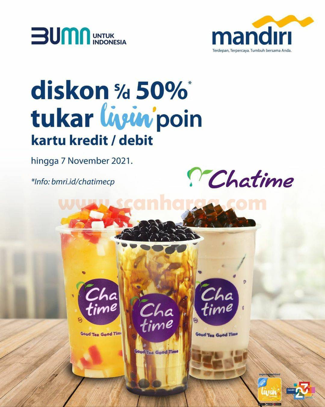 Promo Chatime Diskon 50% Tukar Livin’poin dengan Debit /Kartu Kredit Mandiri