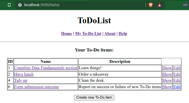 ToDoList index view with nav and create button