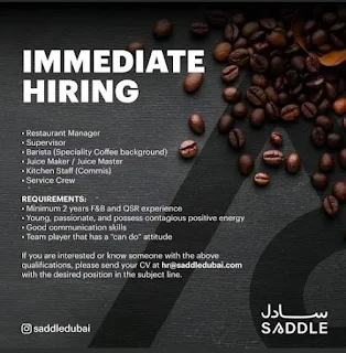 Saddle Cafe LLC Multiple Staff Jobs Recruitment For Abu Dhabi (UAE) Location 2022 | Apply Now