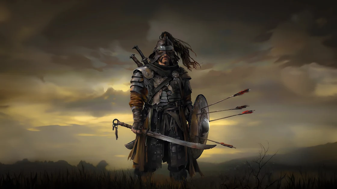 4K wallpaper featuring a detailed illustration of a medieval warrior in armor with a sword and shield, standing in a battle-worn field at dusk.