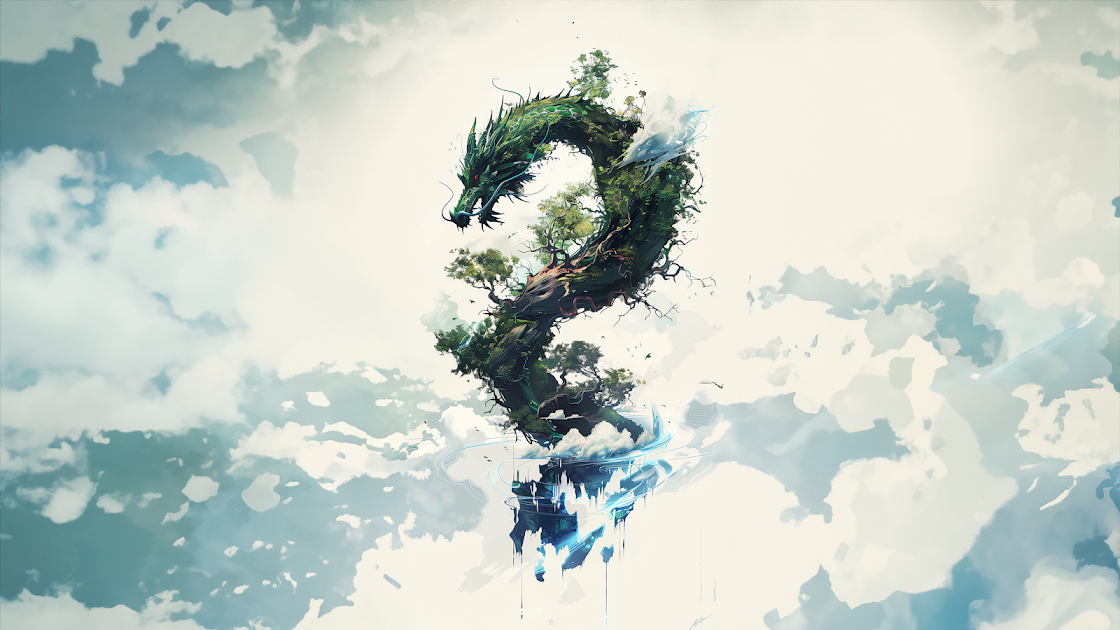 A mystical dragon composed of green foliage and blue water, soaring amidst fluffy white clouds against a serene sky.