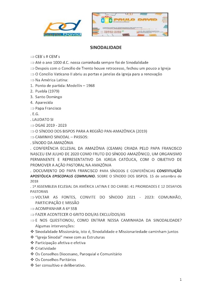 SINODALIDADE E COMUNIDADES ECLESIAIS DE BASE (CEB´S). PROF. PAULO DAVID - MISSIONÁRIO LEIGO