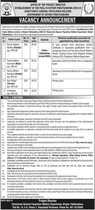 KPK Population Welfare Department Jobs 2021 ATS | 1000 Vacancies