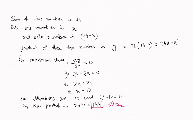 The number 24 is divided into two parts. What is the maximum value of the product of the two parts? Class 12