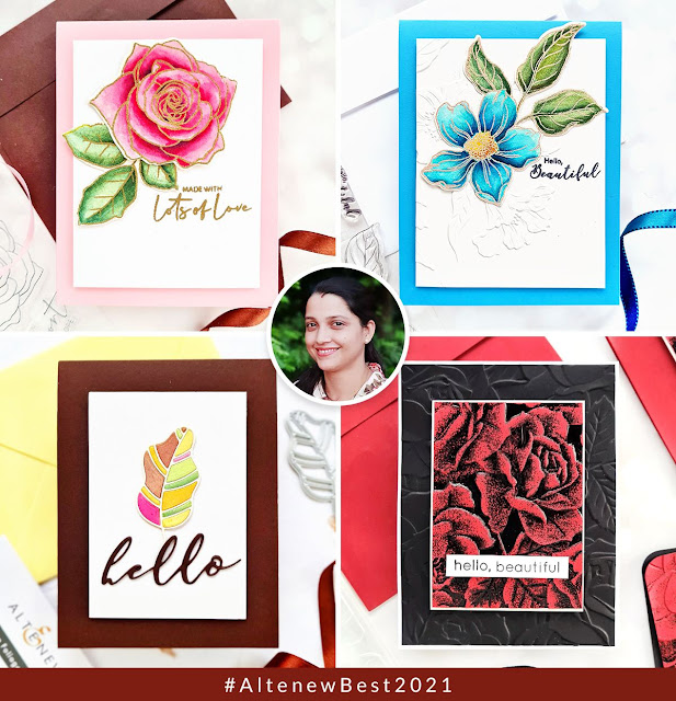 Altenew 2021 A year in review blog hop, Altenew floral cards, Altenew embossing folder cards, altenew CAS cards, Altenew guest designer Ishani