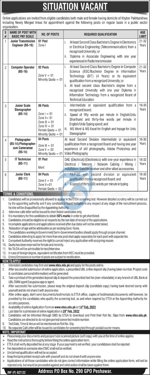 PO Box 290 GPO Peshawar Jobs 2022 KPK | ETEA Apply Online