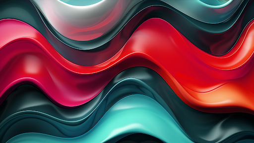 3D abstract wallpaper with fluid waves in shades of metallic red and teal with a sleek, glossy finish.