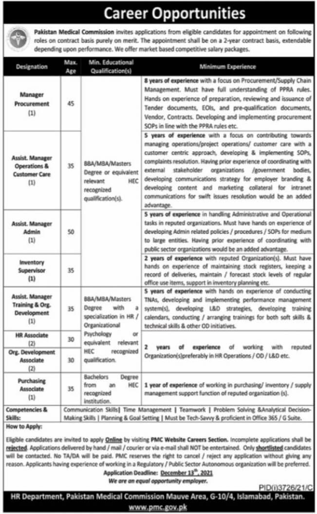 Pakistan Medical Commission (PMC) Islamabad Jobs 2021 | Latest Job in Pakistan