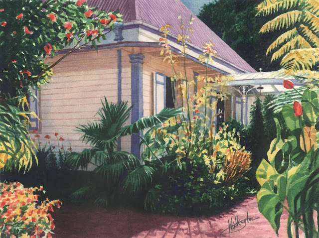 Watercolour of a sunny corner of a creole house with many flowering plants, "Angle fleuri," by William Walkington