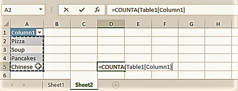 Excel reveals the structured reference