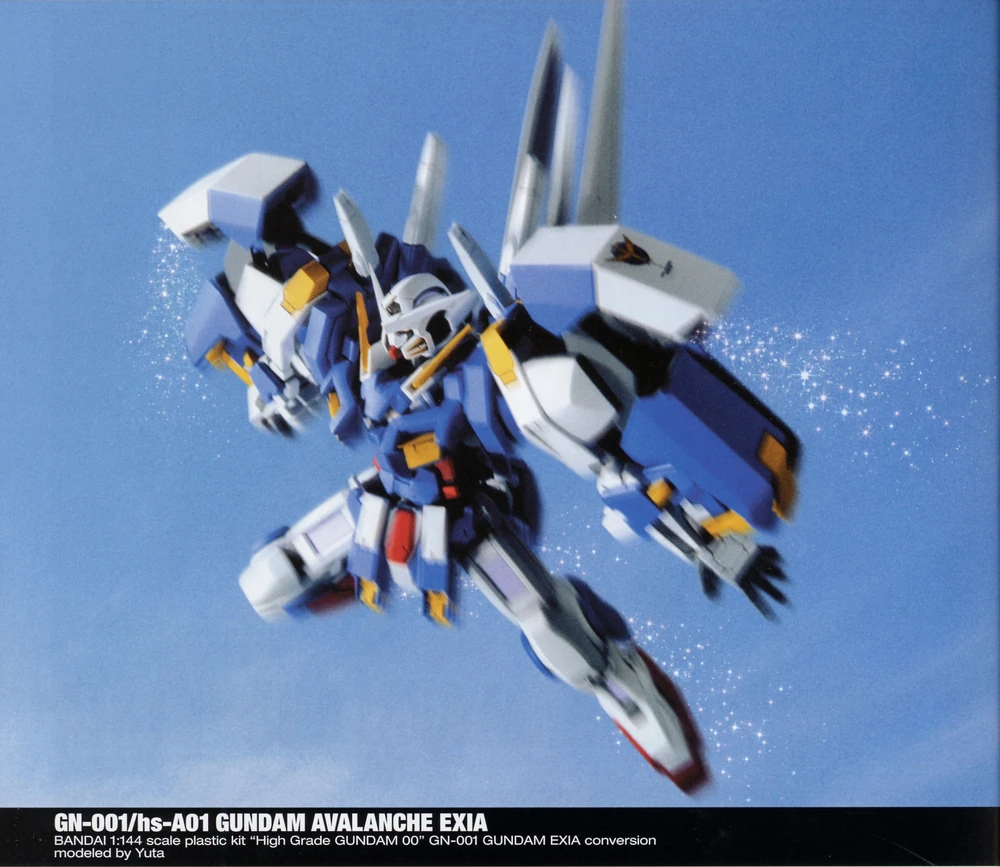 “Imagen del GN-001/hs-A01 Gundam Avalanche Exia, una poderosa variante del GN-001 Gundam Exia, conocida por su habilidad en el combate cuerpo a cuerpo y pilotada por Setsuna F. Seiei en las series Mobile Suit Gundam 00V y Mobile Suit Gundam 00V: Battlefield Record.”